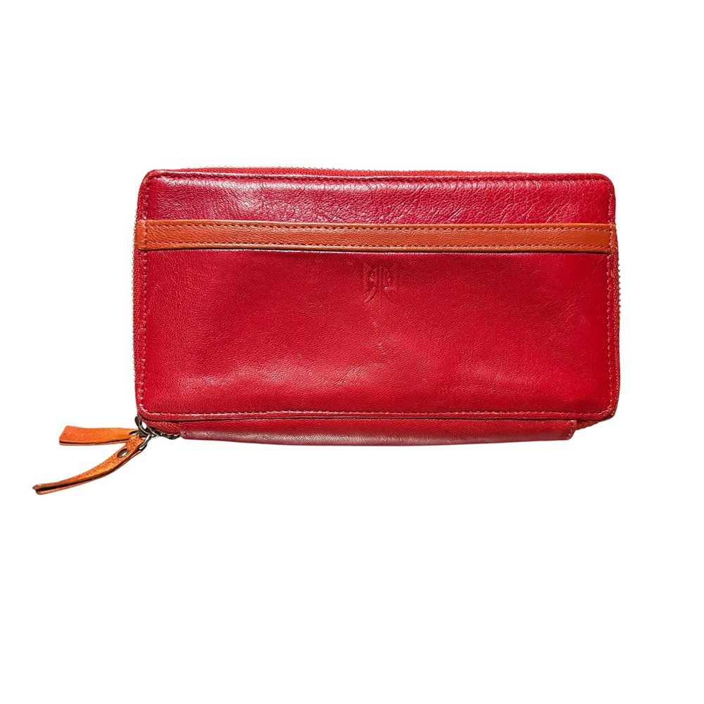 TUSK Red Leather Double Zip Around Continental Wallet with Orange Trim